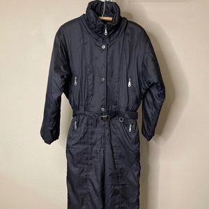 Vintage Couloir Black One Piece Ski Suit Women's 16 Zip Close Pockets Belted